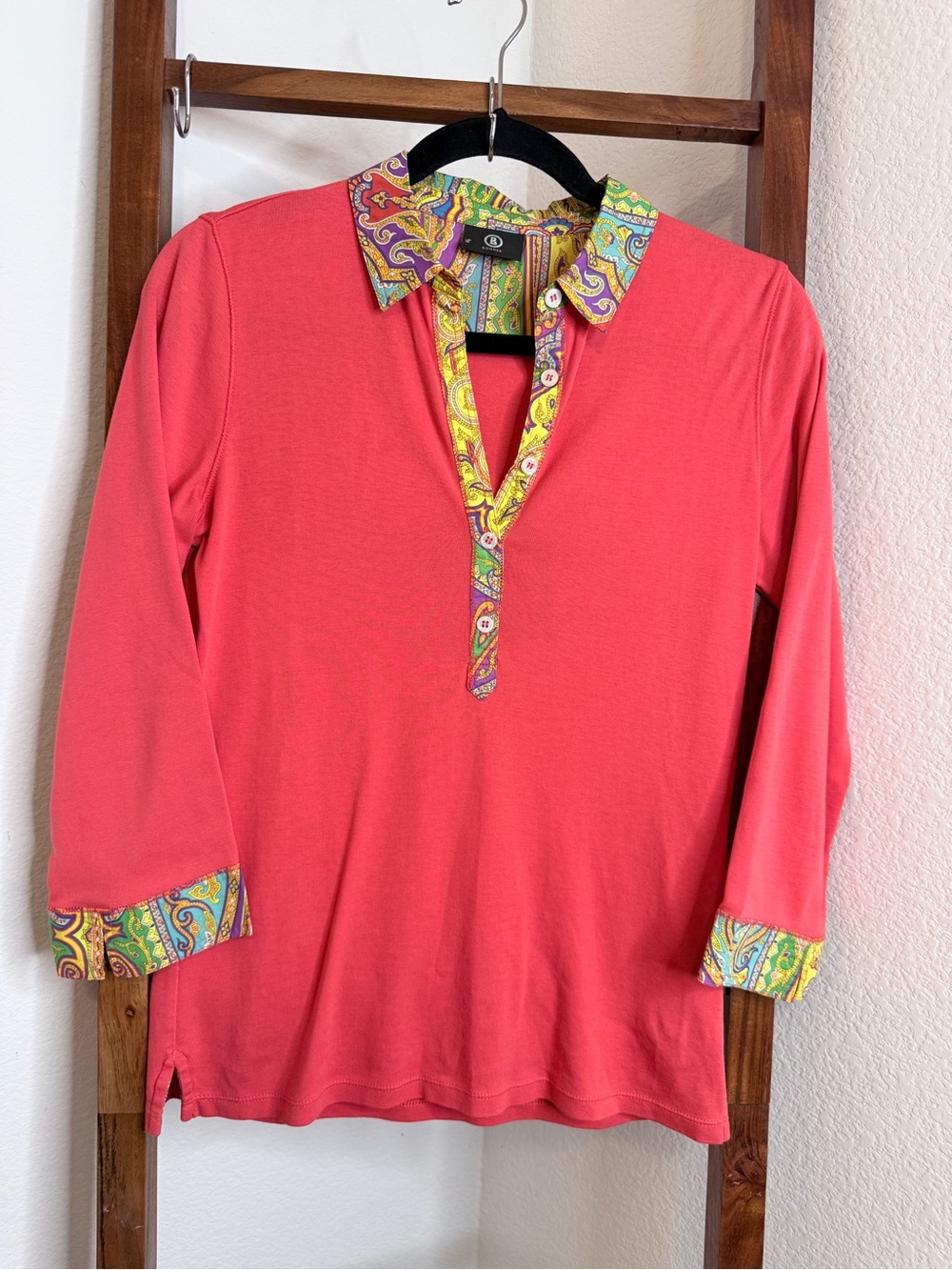 Bogner Coral Orange Paisley Trim Long Sleeve Polo Shirt Top US 6 EU 36 Cotton